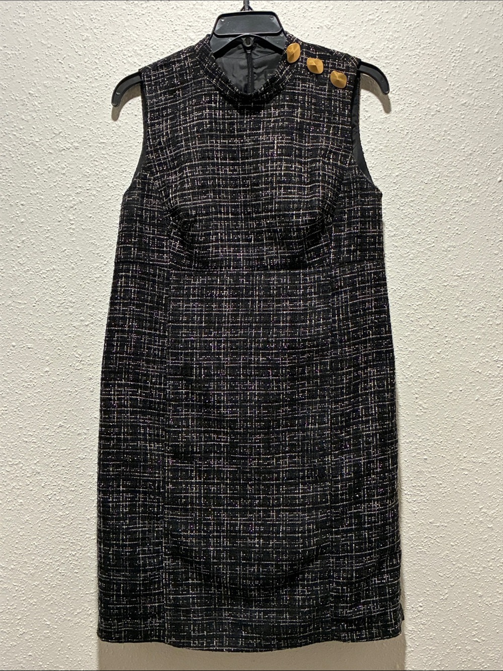 Donna Karan Black Tweed Midi Dress with Gold Buttons
